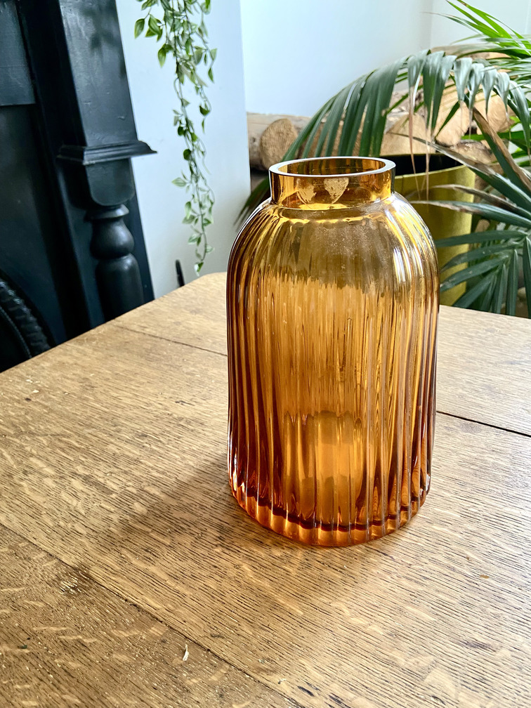 Mid-Century Style Ribbed Amber Glass Vase